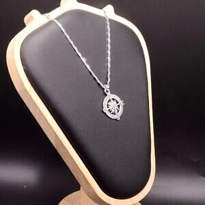 925 Silver Necklace W/ Ornate Compass Pendant Navigation Vtg Men's Birthday Gift